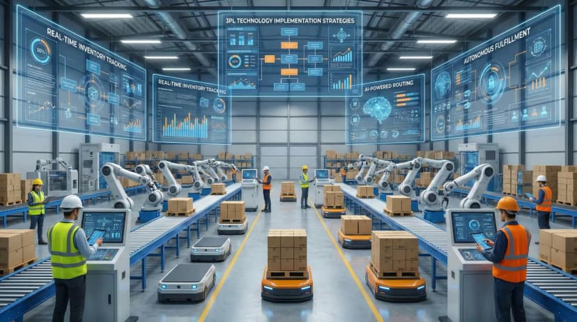 Modern automated warehouse with digital interfaces showcasing 3PL technology implementation strategies