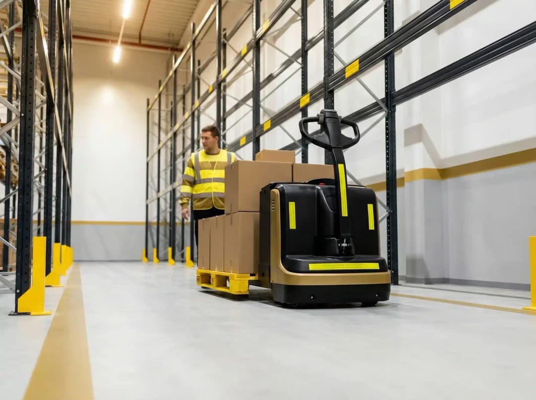Automated warehouse robot transporting boxes while worker in safety vest manages RF inventory replenishment