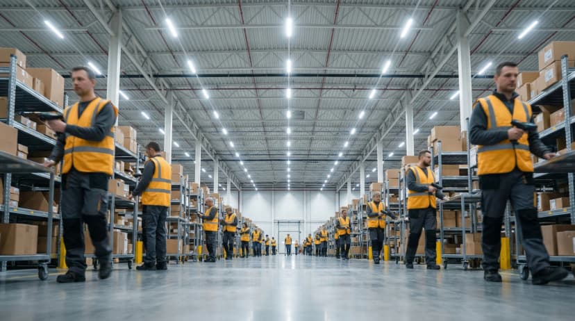 Warehouse interior with workers picking products