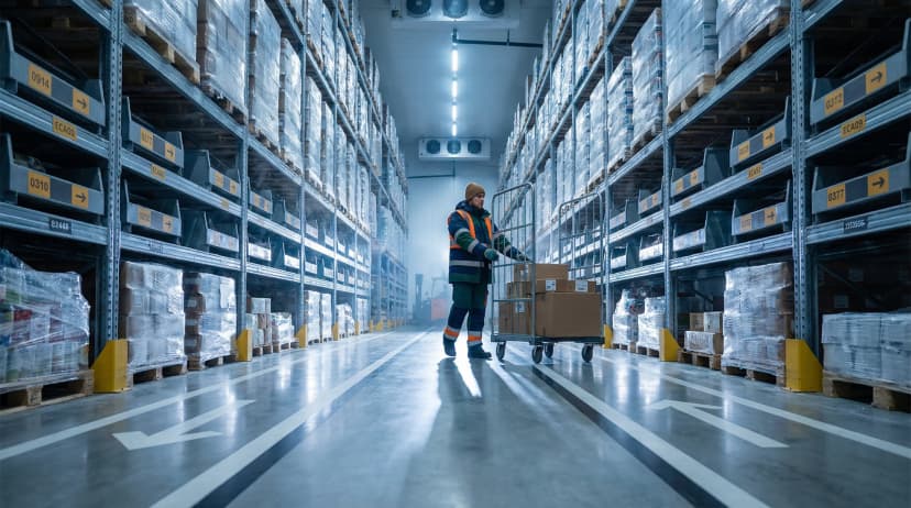 Cold storage warehouse aisle with shelving.