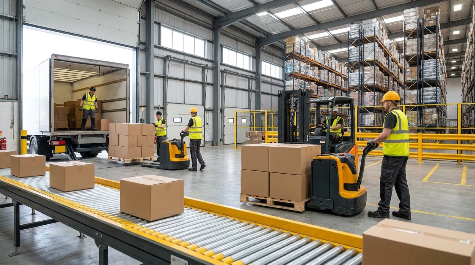 Warehouse workers managing logistics and loading truck for event management operations