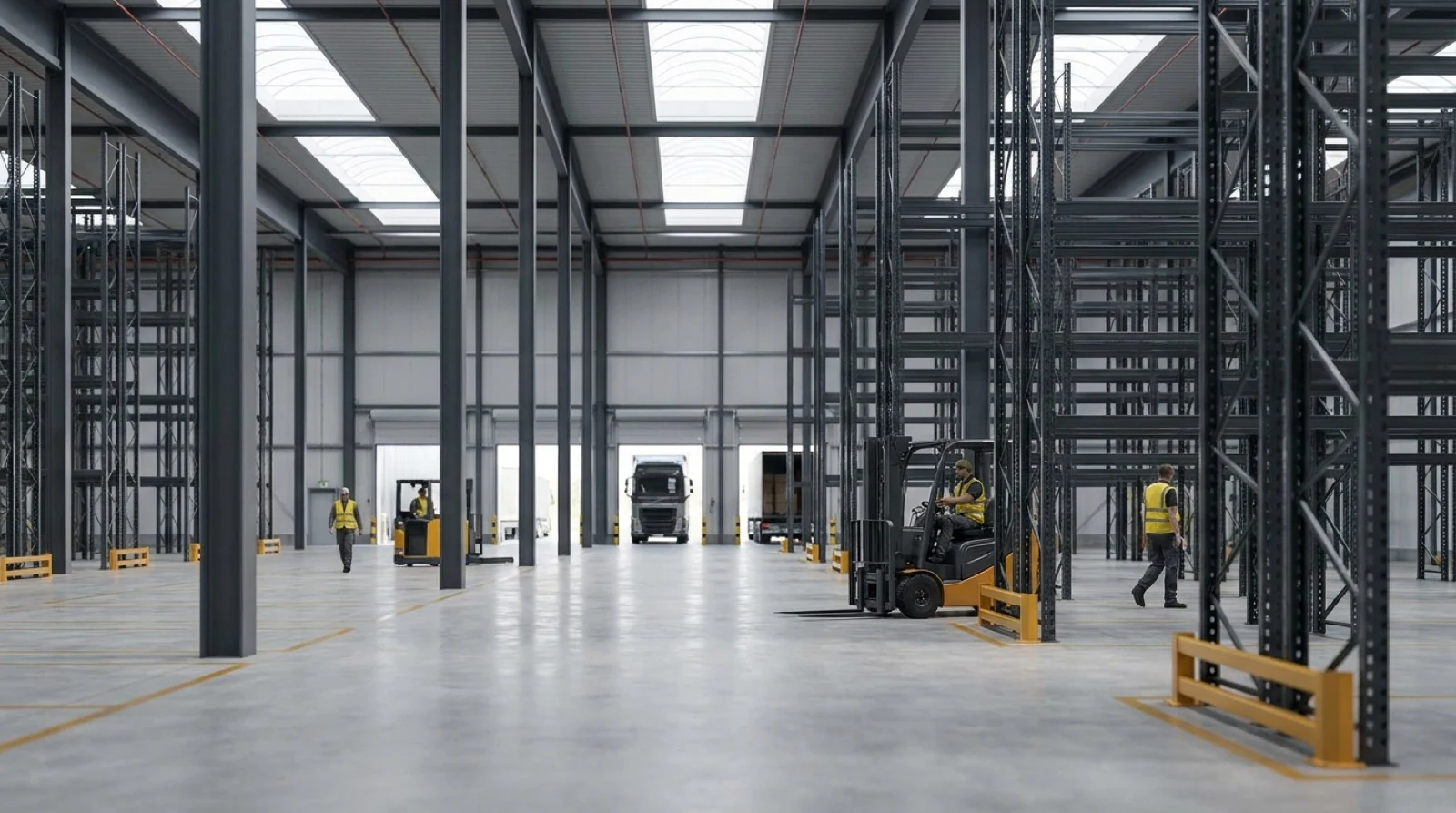 Large industrial warehouse interior with truck, loading docks, and fluorescent lighting