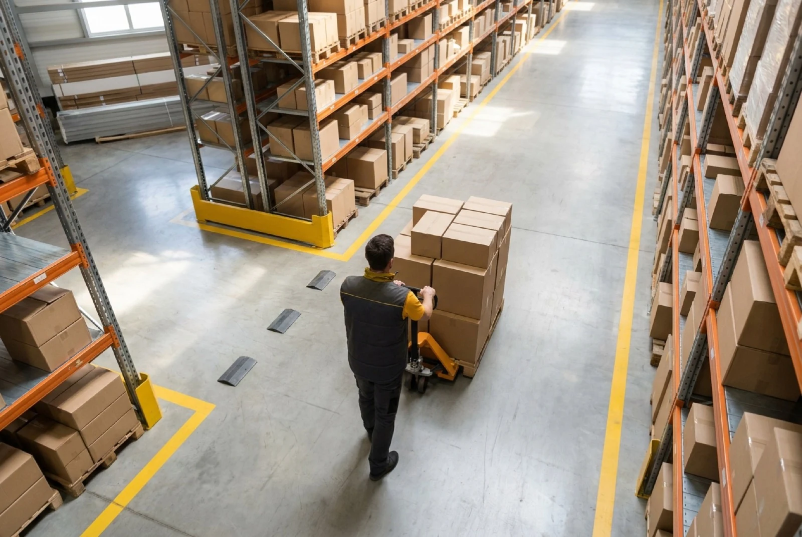 pallet jacks make it easier for warehouse workers to move multiple boxes at once.
