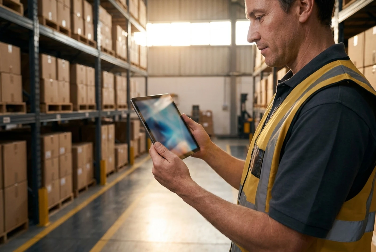 order picking in the warehouse - a worker scans a product.