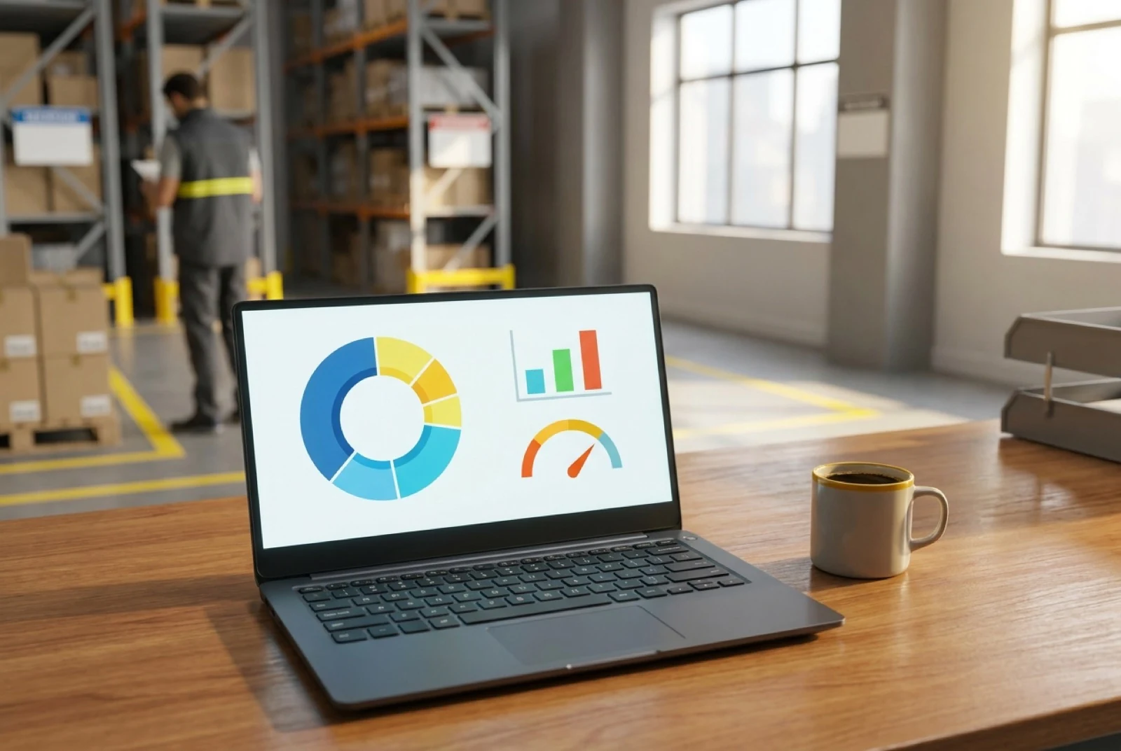reviewing inventory control reports on a laptop