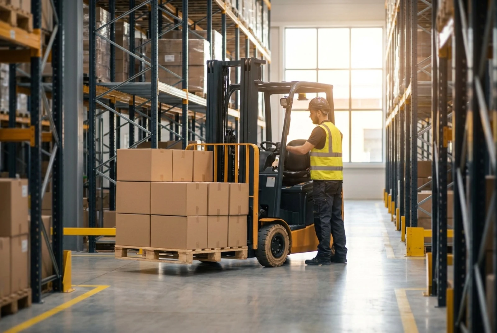 forklift moving boxes in a warehouse