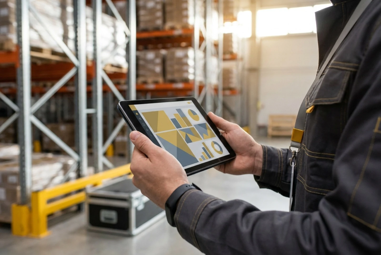 warehouse worker looking at reports on a tablet