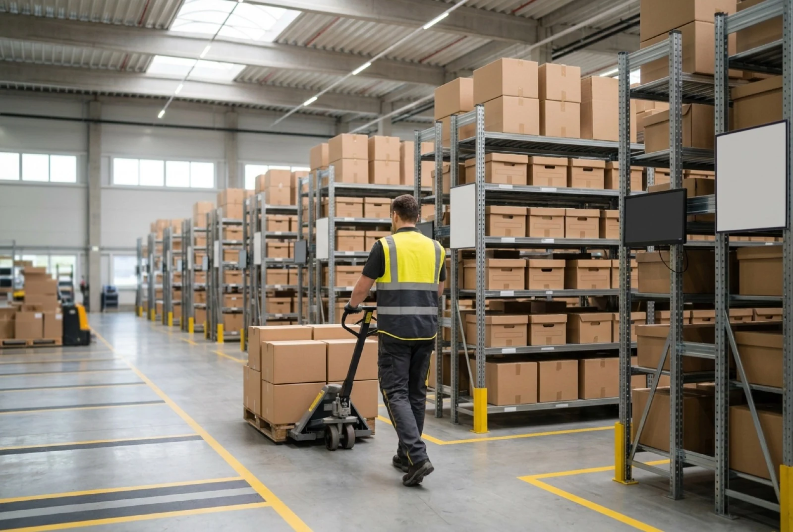 warehouse with racking and pallet movers