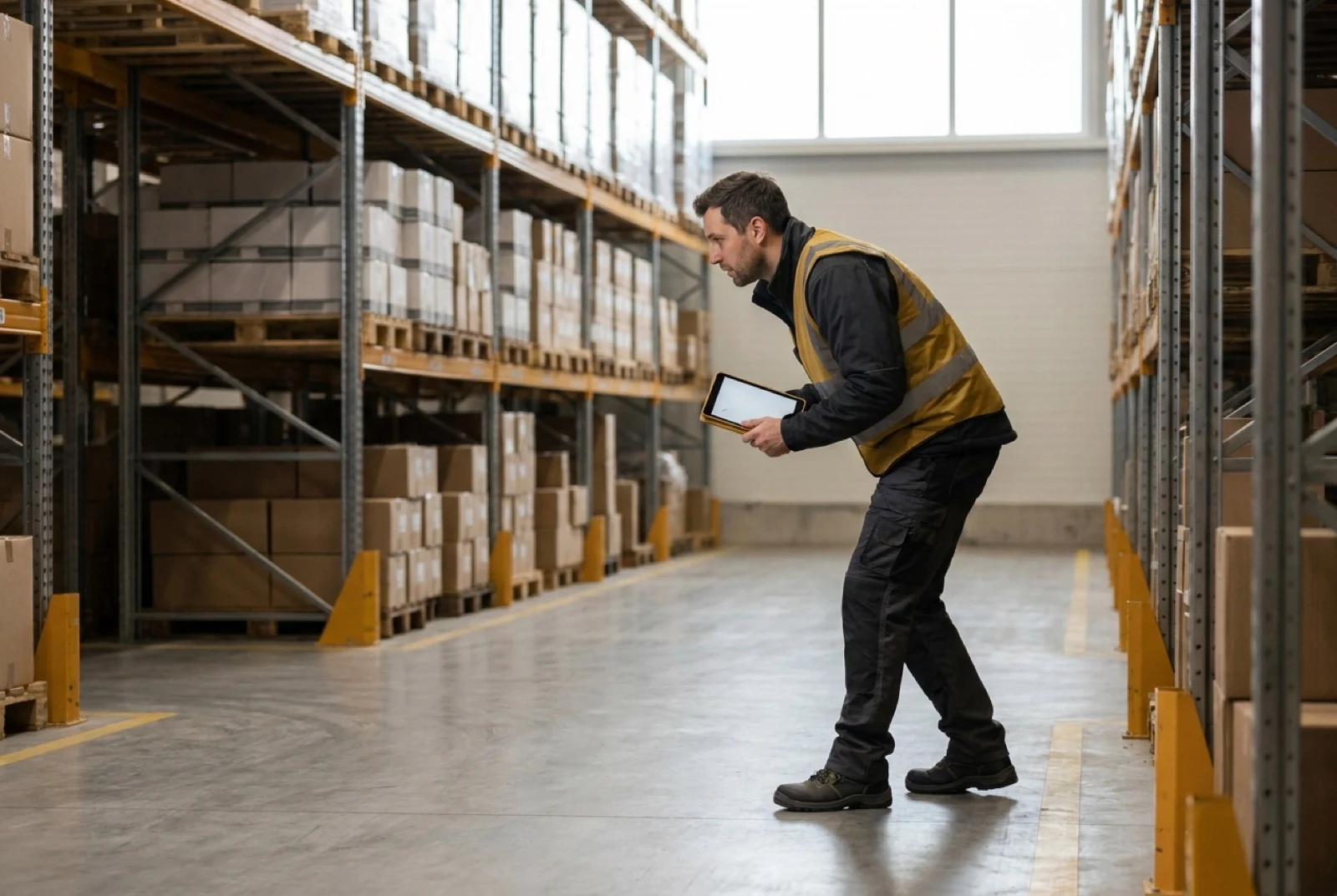 man looking at a tablet pallets in a warehouse in the background