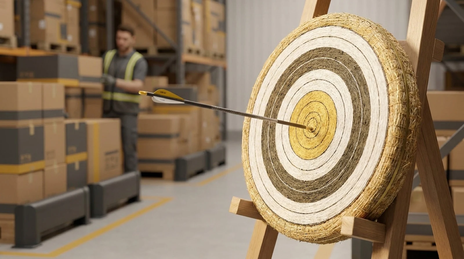 Bullseye target with arrow hitting center representing accuracy in warehouse order picking