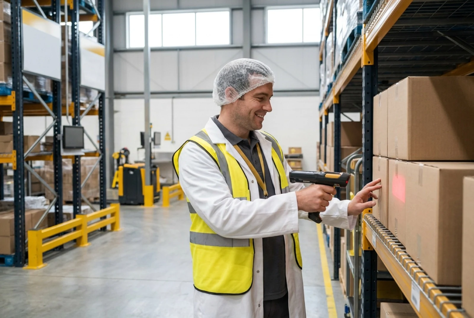 warehouse worker scanning a box barcode with an RF scanner