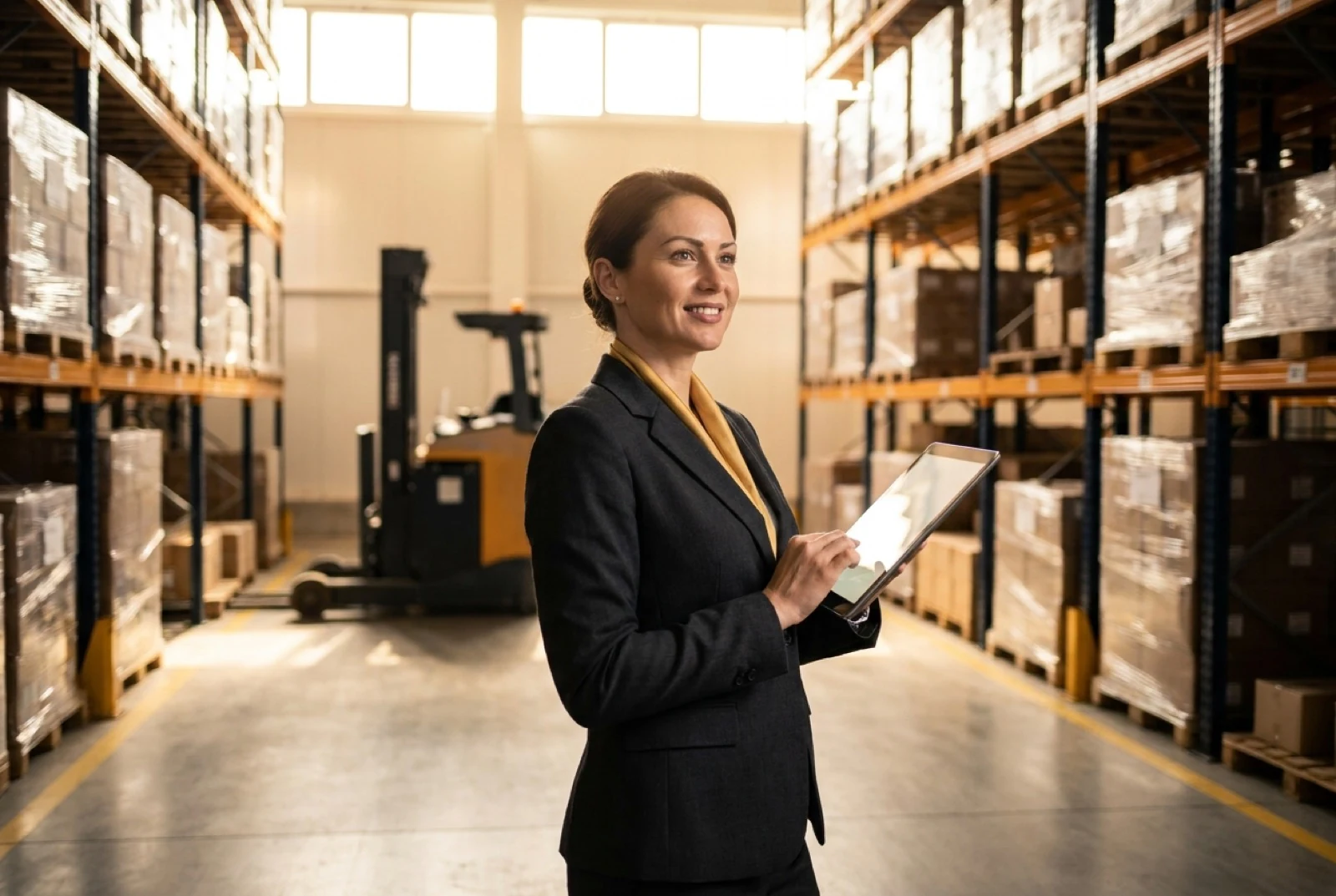 warehouse manager looking forward, holding a tablet with interconnected lines overlaid on the bottom