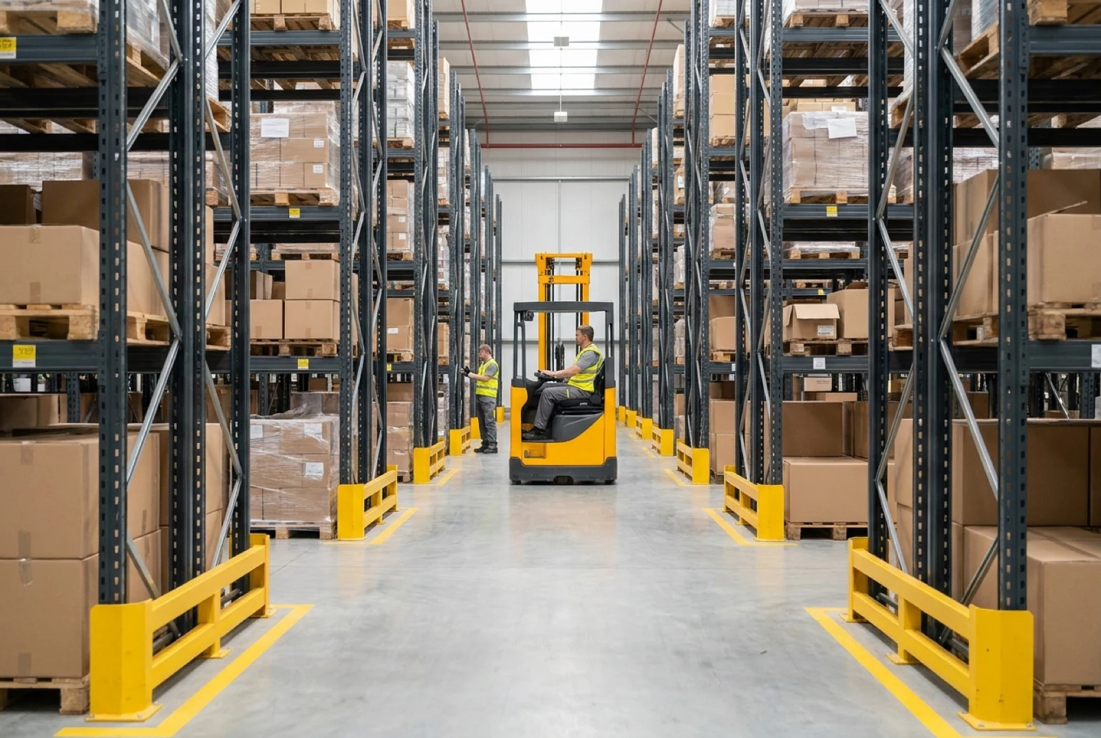 Warehouse with shelves and boxes