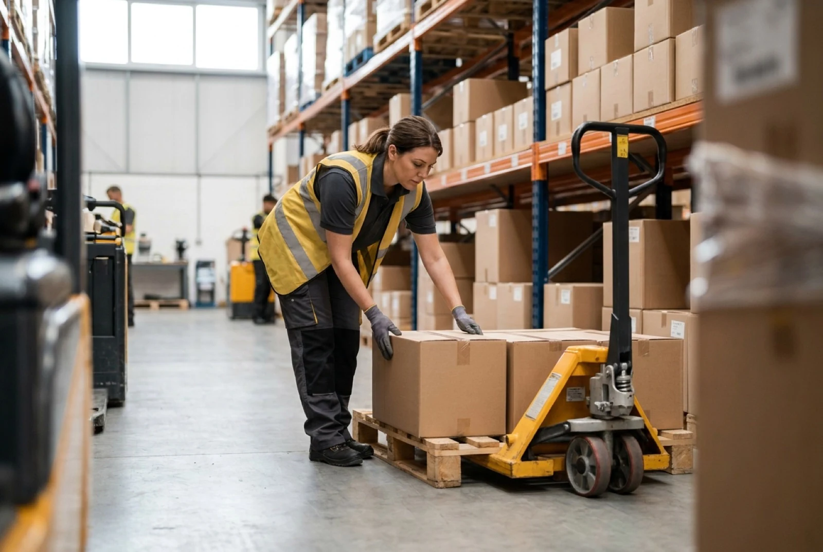 female warehouse worker setting box on pallet