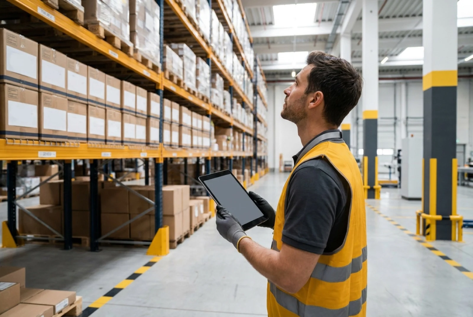 male warehouse worker using cadre technologies wms software tablet