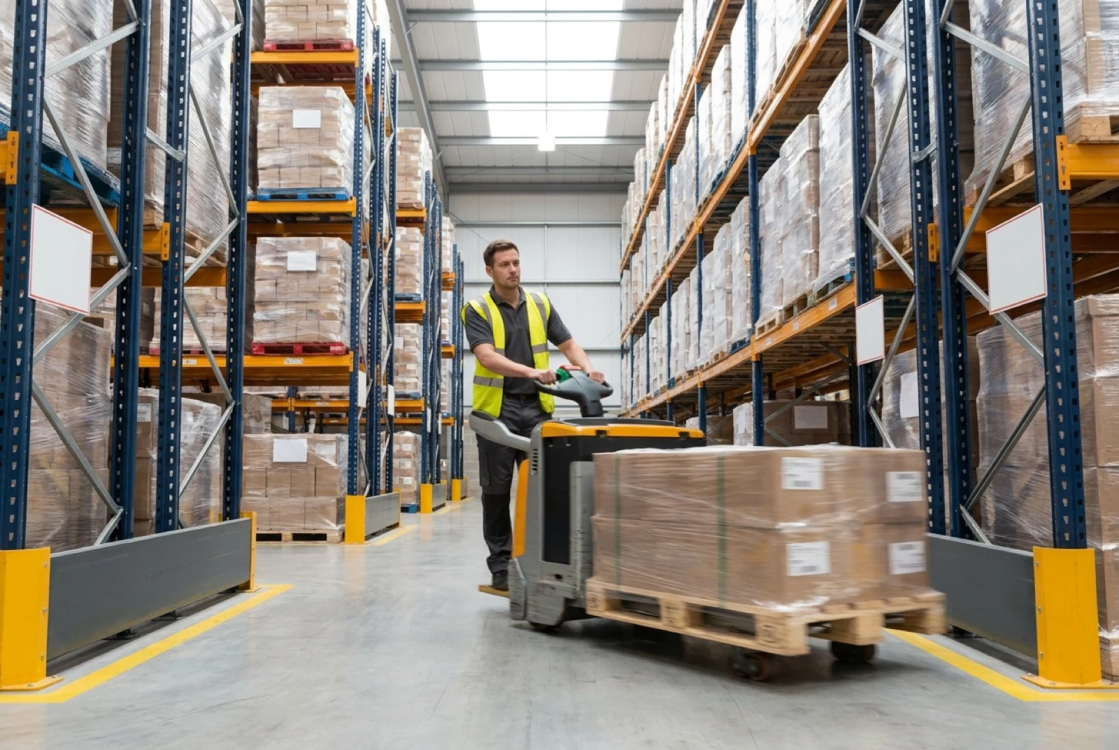 male worker operating warehousing machinery