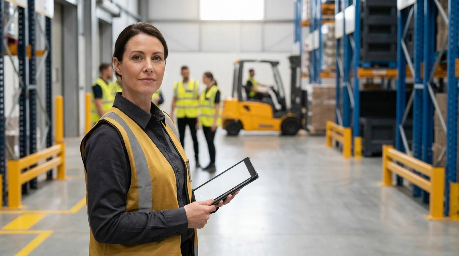 Warehouse manager with headset overseeing diverse team of workers in modern distribution center