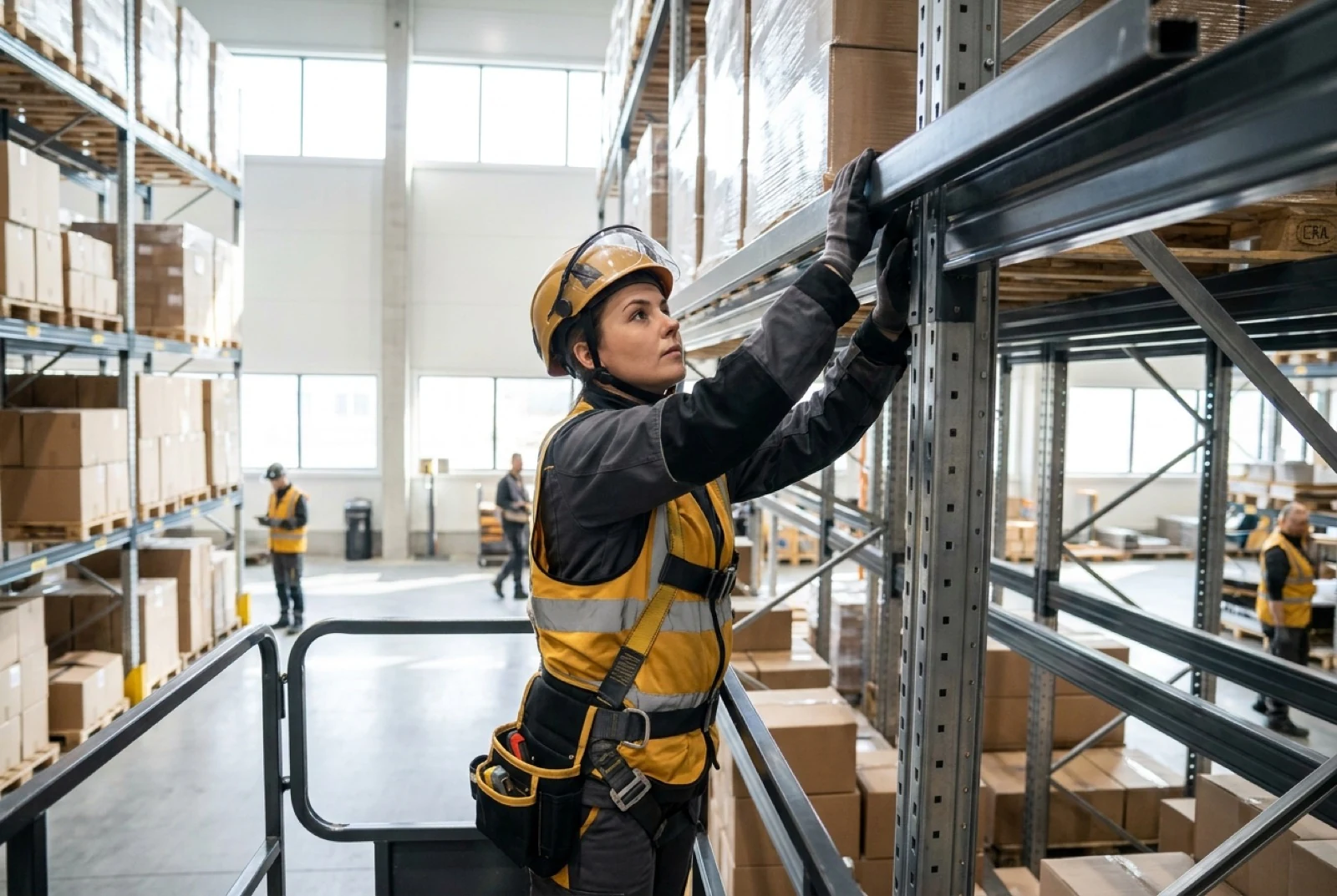 female worker assembling warehouse shelving