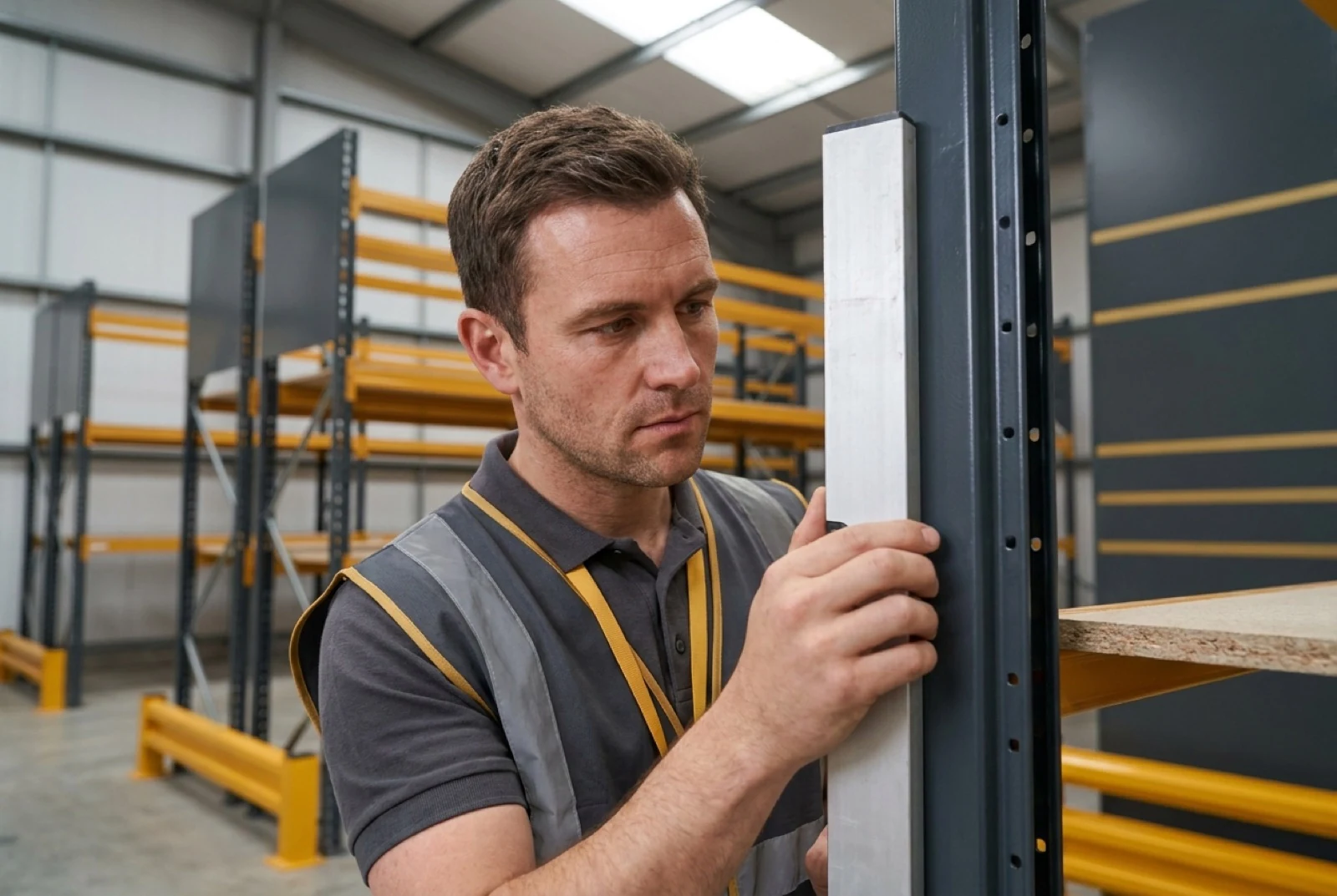 male worker using level to check warehouse shelving assembly
