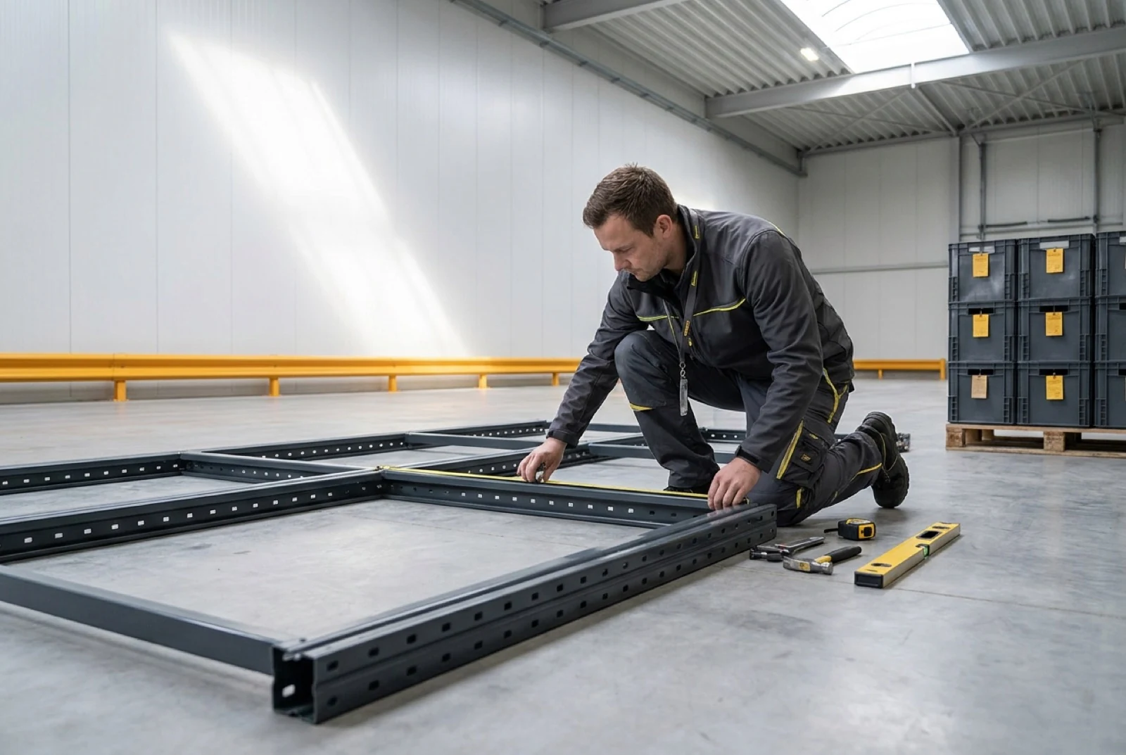 worker learning how to assemble warehouse shelving