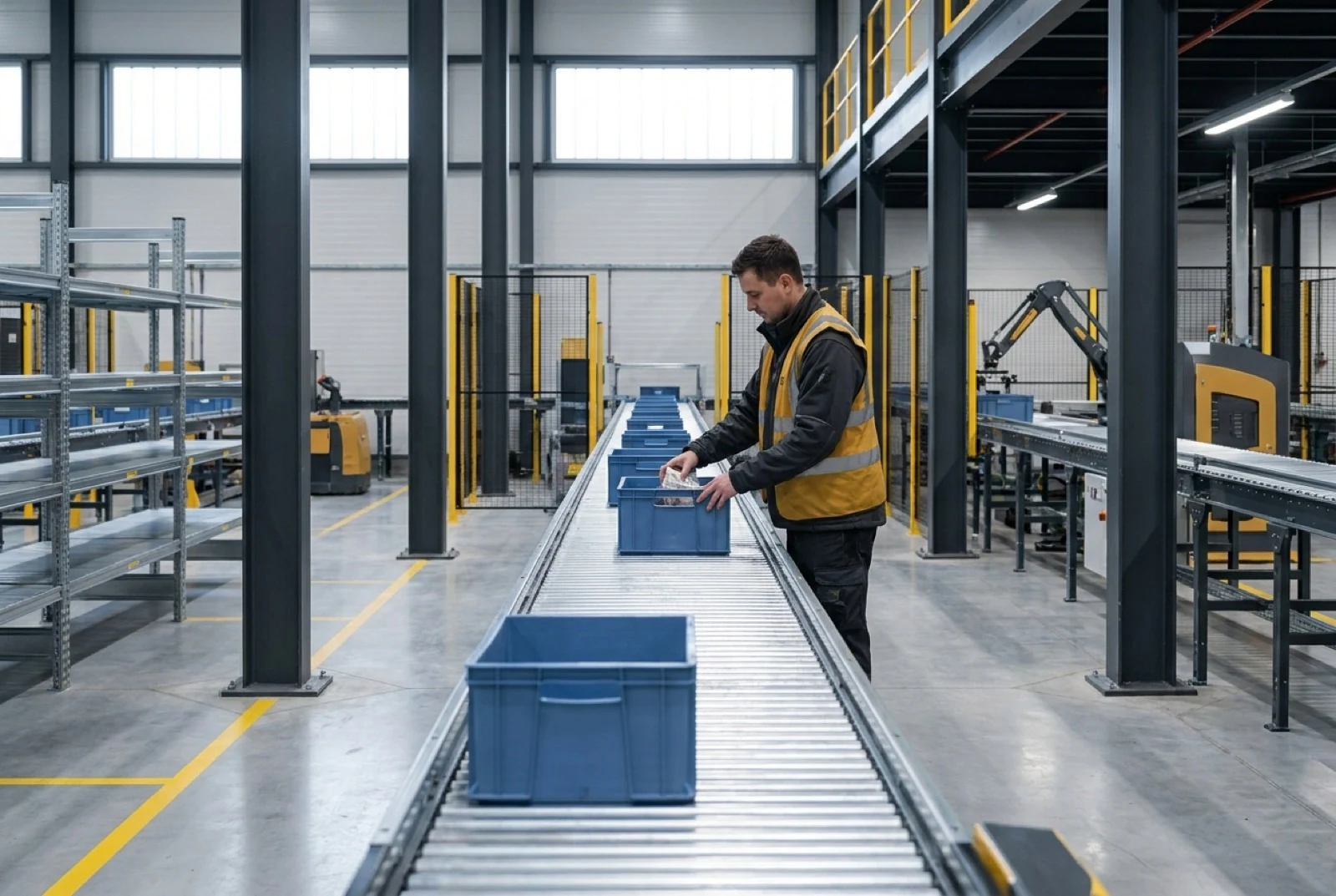 worker at a warehouse picking station near conveyor