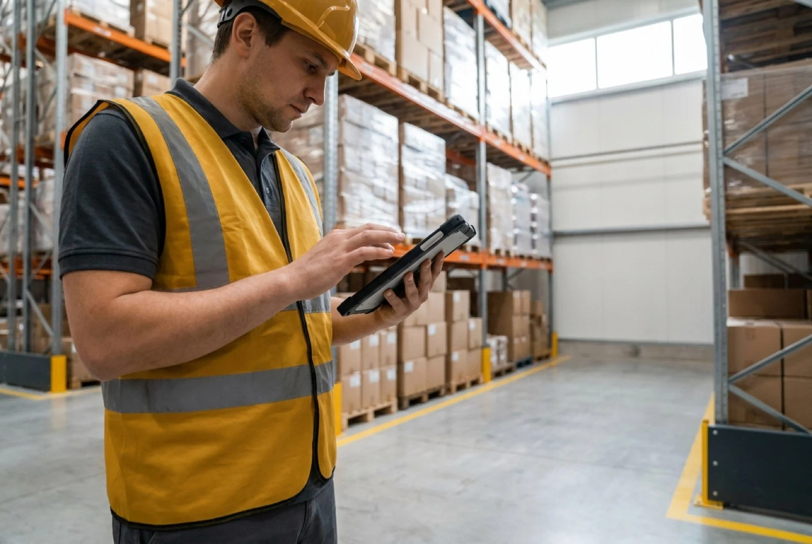 worker viewing warehouse sops on tablet