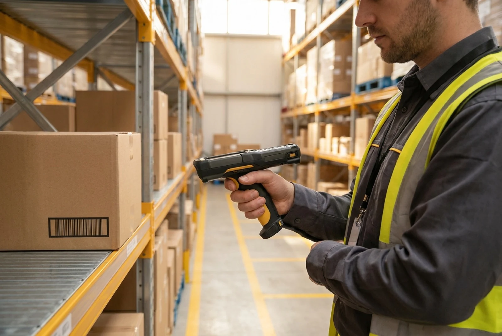 female worker using rugged barcode scanner to scan box in warehouse