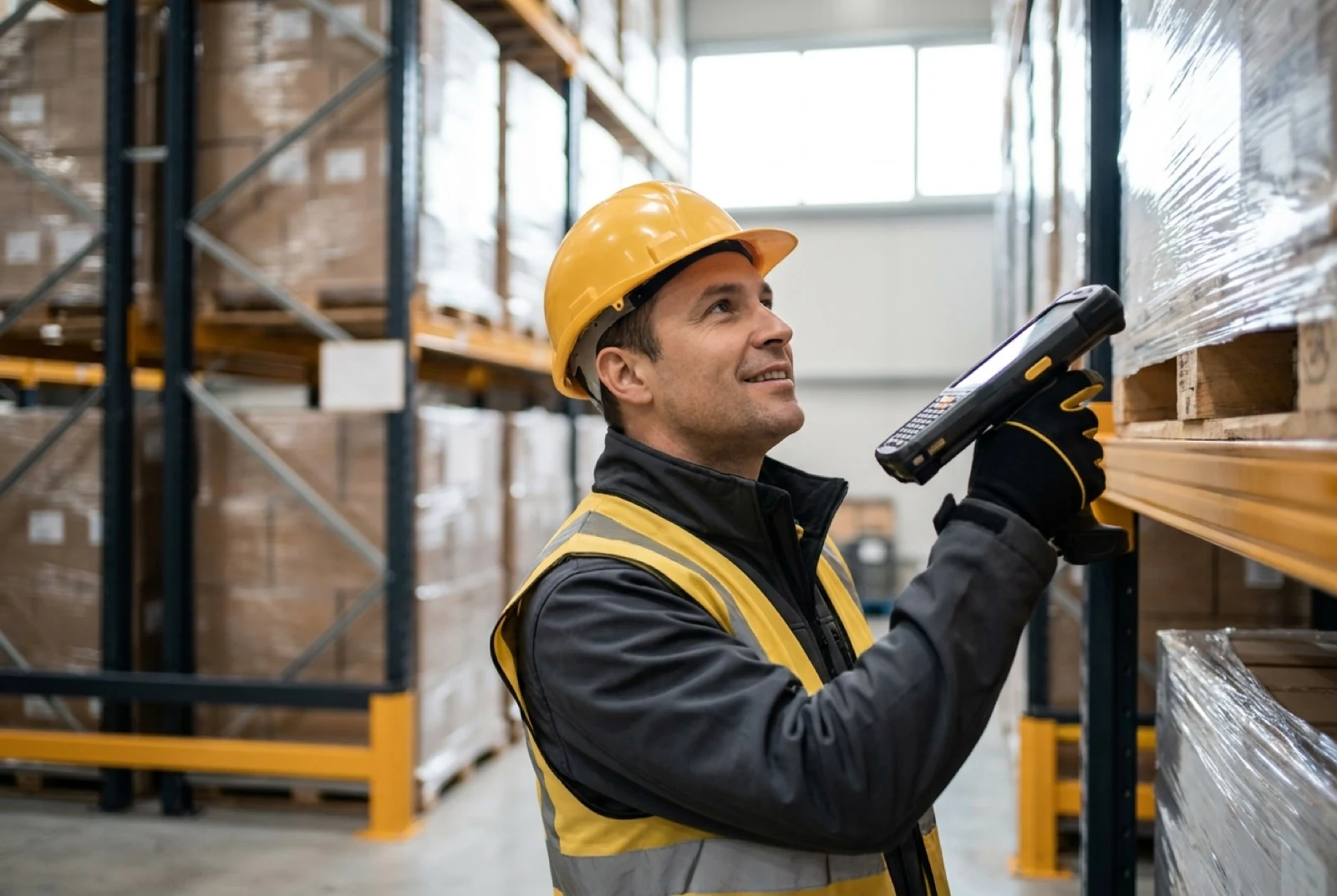 female worker using rugged mobile computer in warehouse