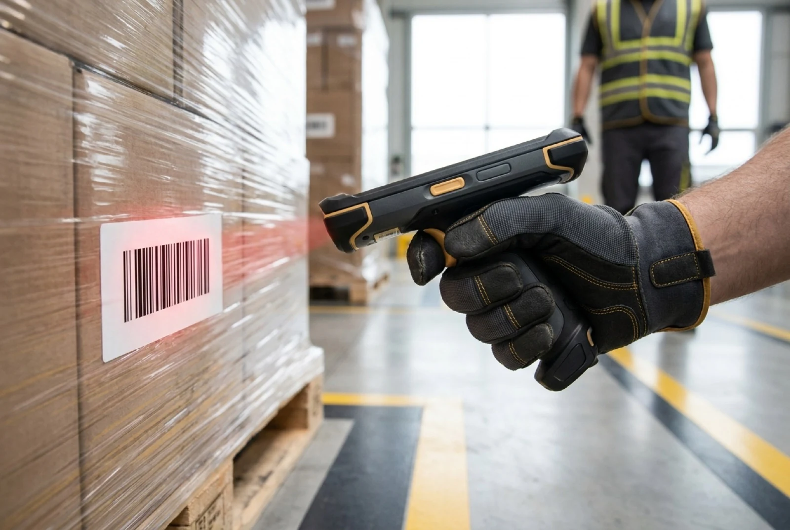 gloved hands using rugged mobile scanner in warehouse