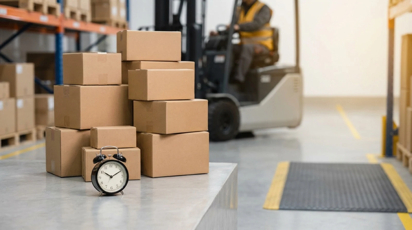 alarm clock next to a pile of boxes