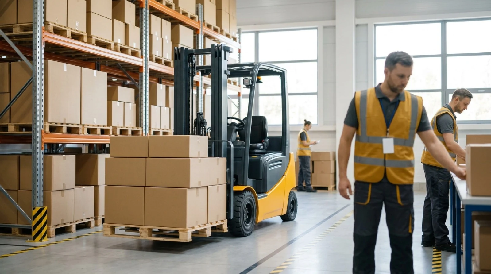 Orange warehouse forklift moving inventory on shelves for efficient product returns management