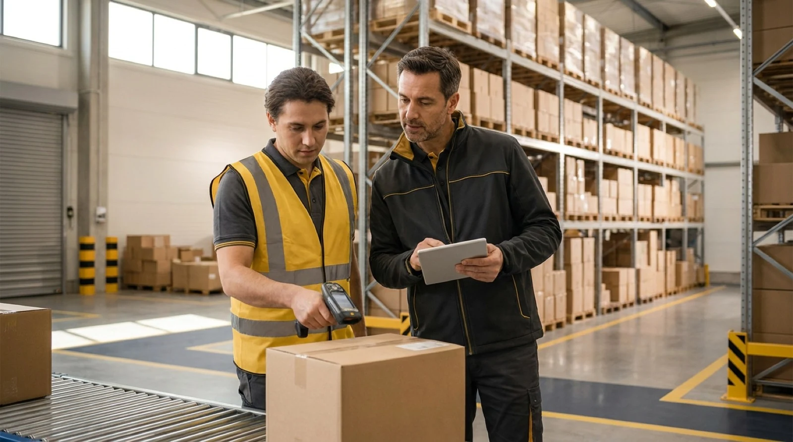 Warehouse worker using RF scanner while manager reviews RFID inventory data on tablet