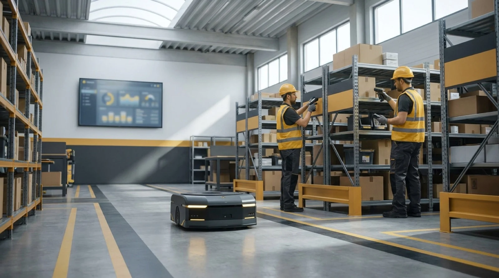 Modern warehouse with organized shelving systems and inventory management for WMS software implementation