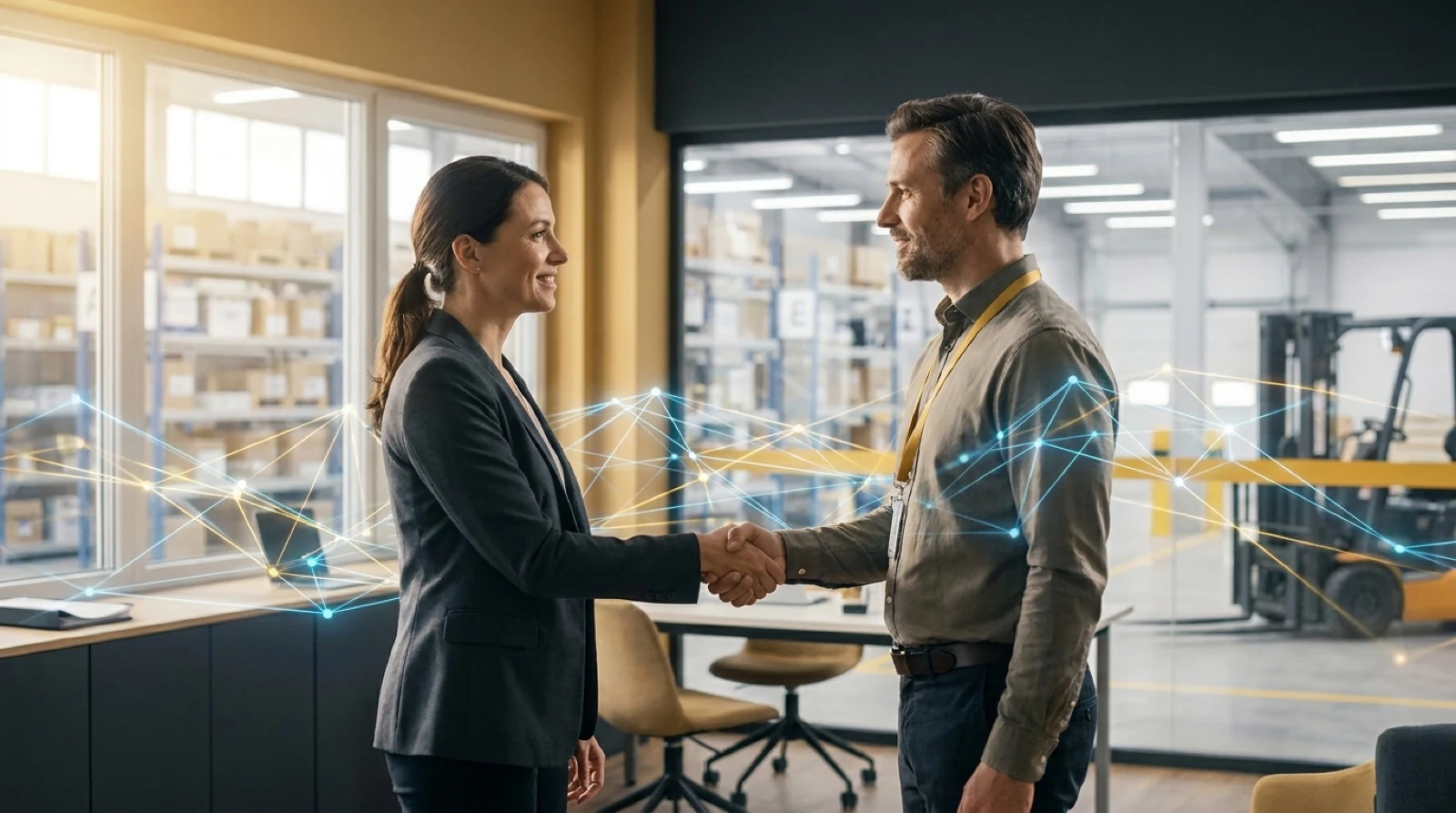 Business handshake with digital network overlay representing strategic technology partnership