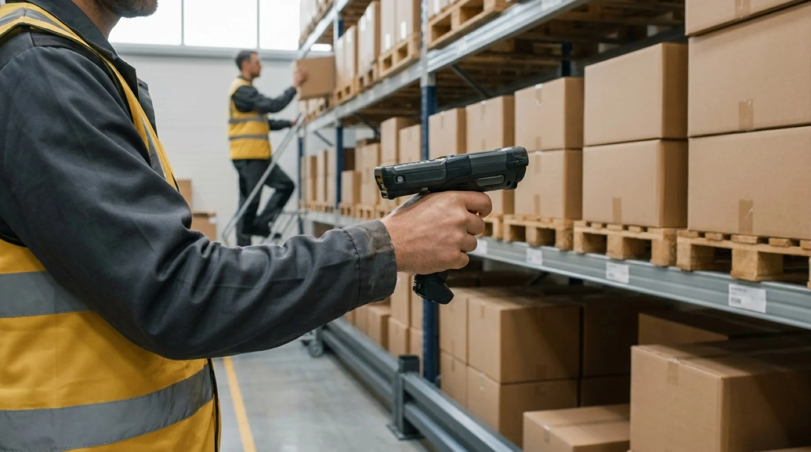 Warehouse workers conducting cycle count inventory with barcode scanners and accuracy matters signage