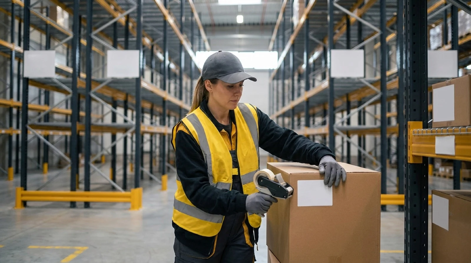Warehouse worker in safety vest organizing inventory with clipboard and labels