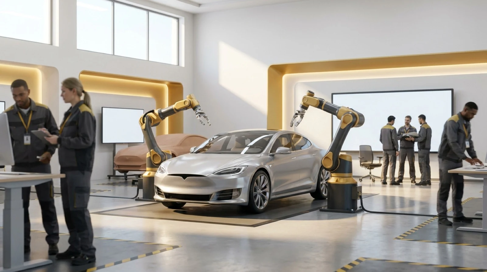 Robotic arms and AI robots in modern automotive design studio with concept car