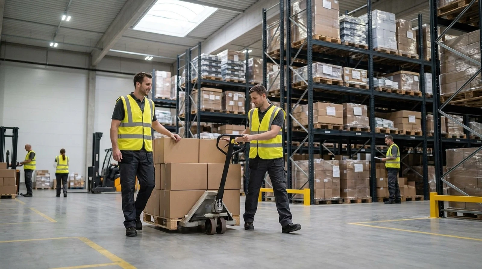 Warehouse workers with pallet jack in distribution center - Commenco Cadre Technologies partnership case study