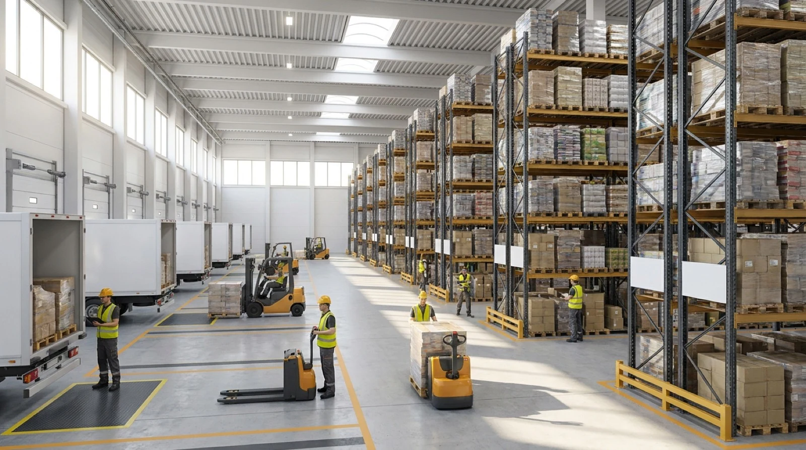 showing warehouse actions: trucks, warehouses, shelving, forklift