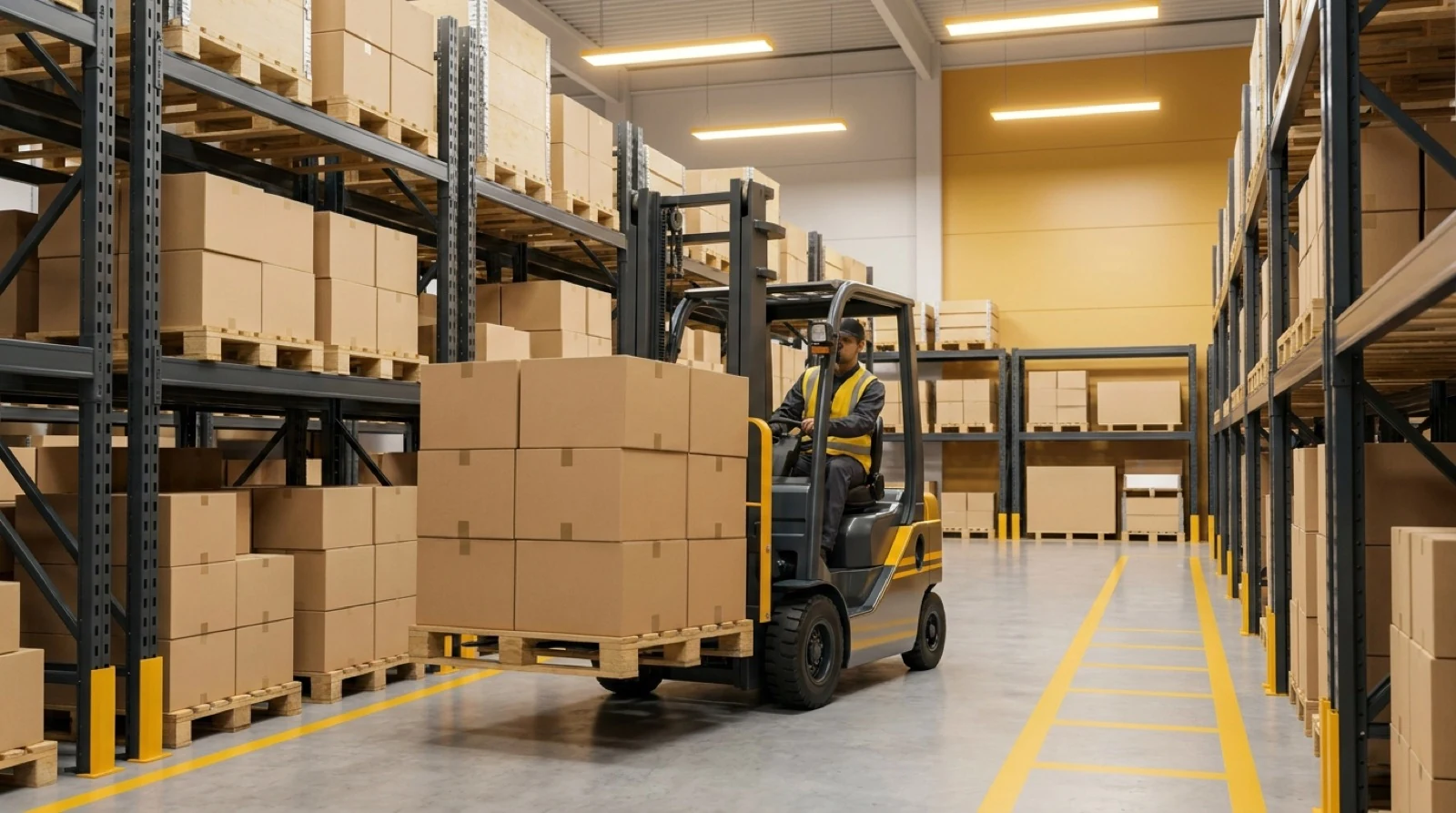 forklift moving boxes in a warehouse