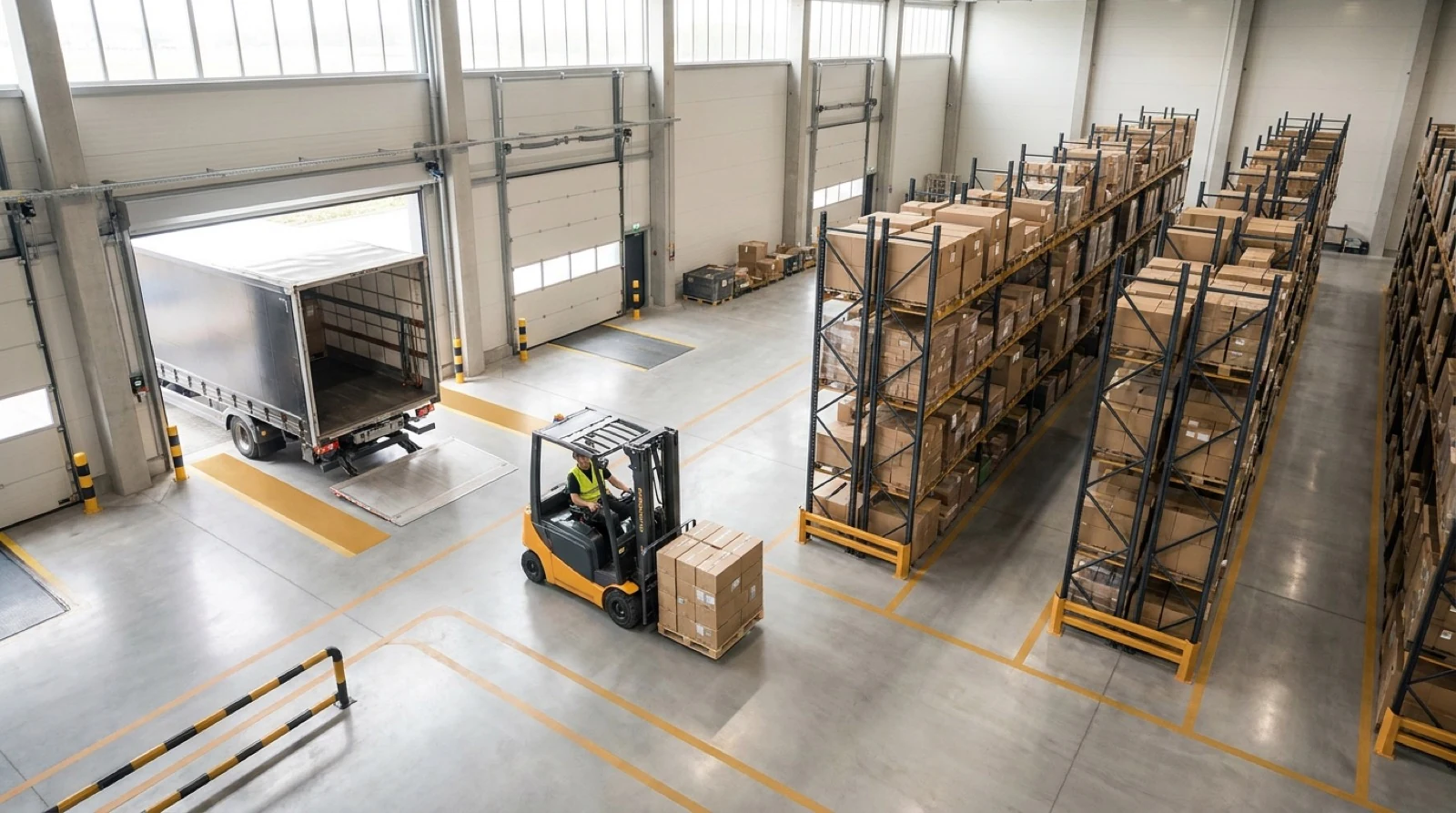 Isometric warehouse layout showing workers, forklifts, storage racks, and delivery truck in organized operation