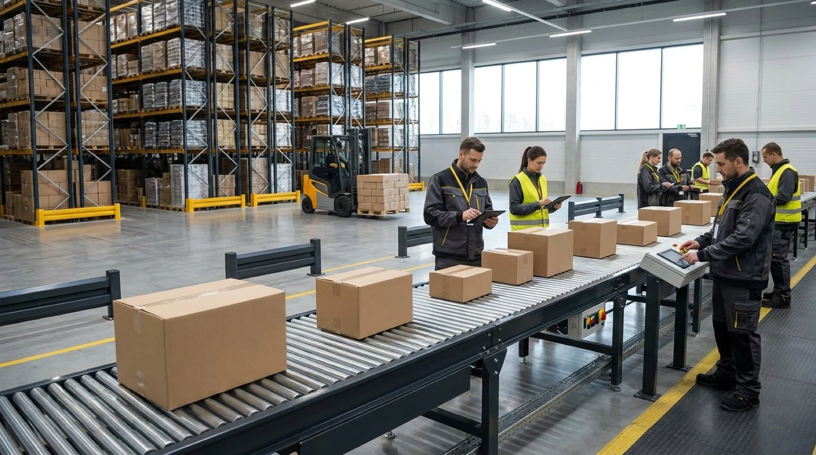 Isometric illustration showing warehouse management system with workers, packages, and digital tablet interface