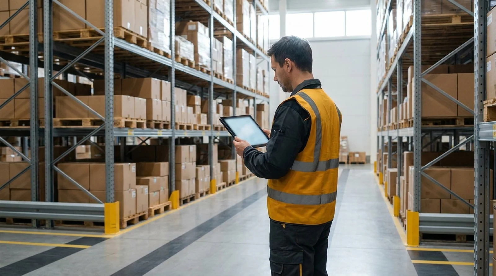 warehouse worker looking at a tablet