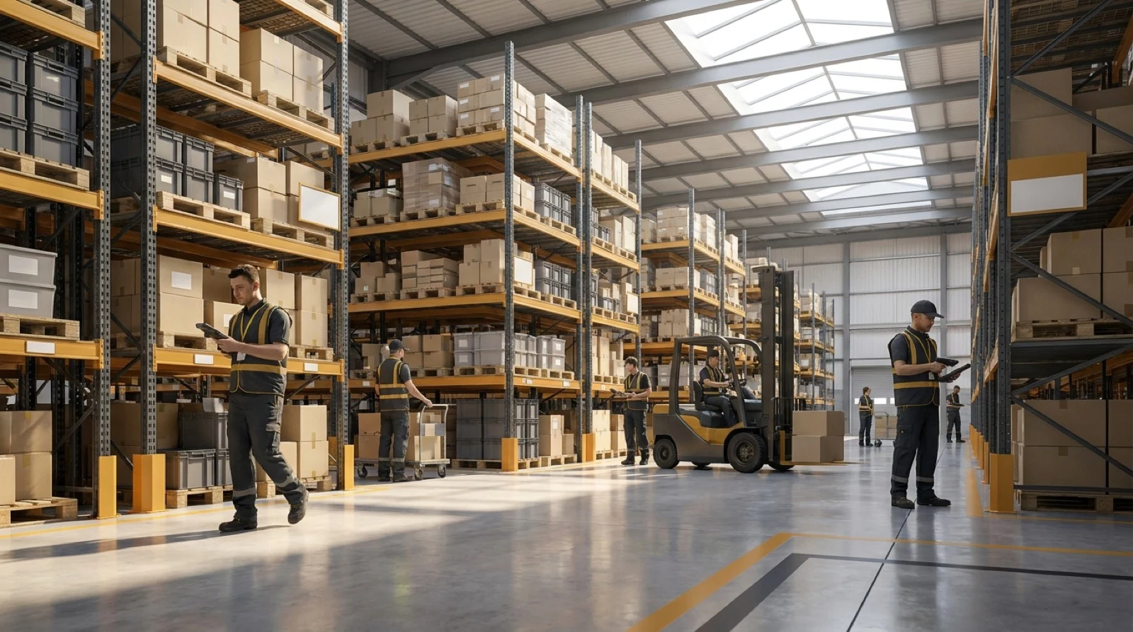 multi-colored illustration of warehouse shelving inside large facility