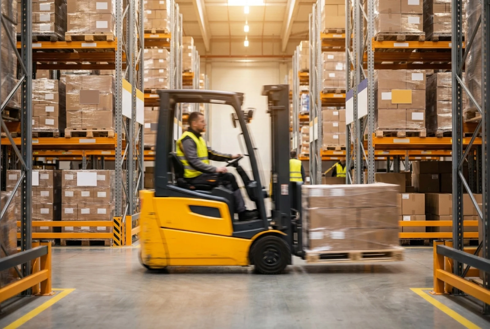 forklift moving a pallet of inventory in a warehouse