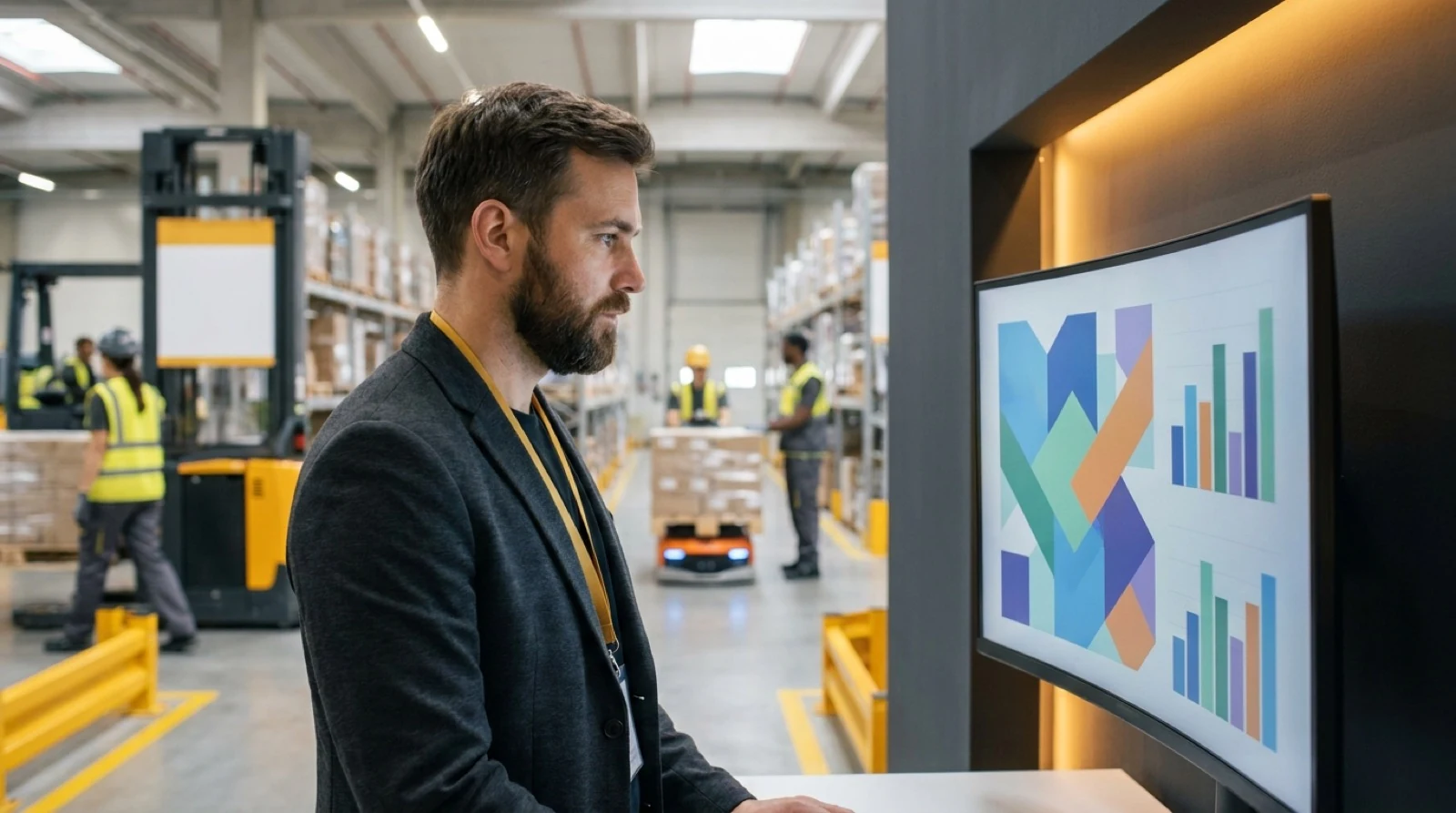 KPIs and a wood block with a screen icon showing charts and graphs