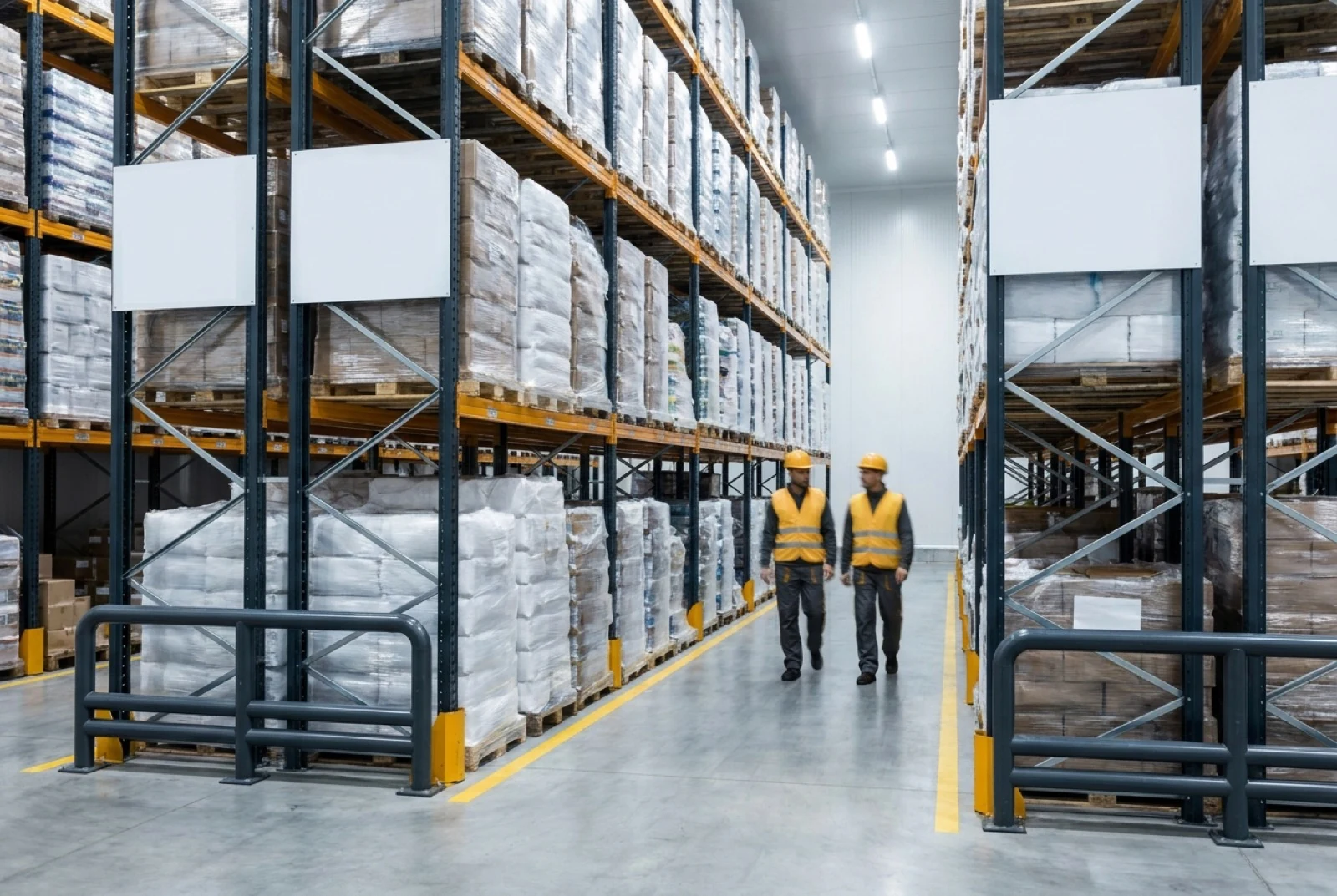 workers checking inventory in a food and beverage warehouse, aisles marked with row labels
