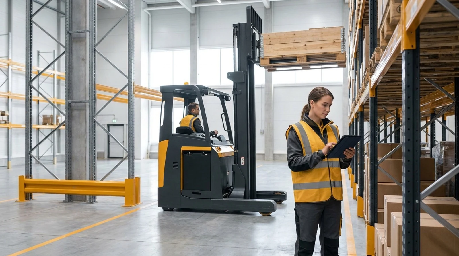 warehouse worker pointing at a shelf of boxes while a forklift is moving a box