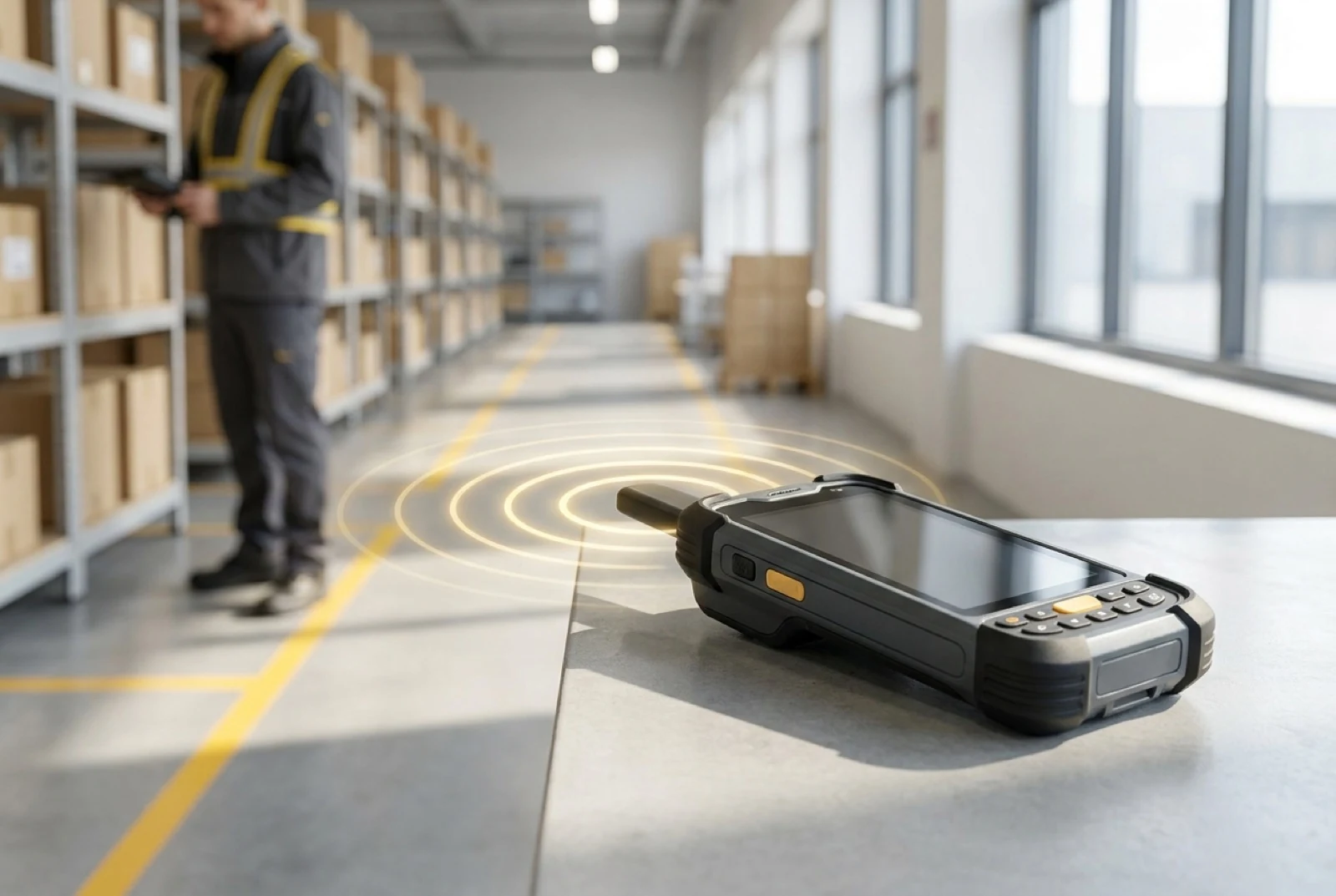 the action of scanning, showing radio waves coming from the device