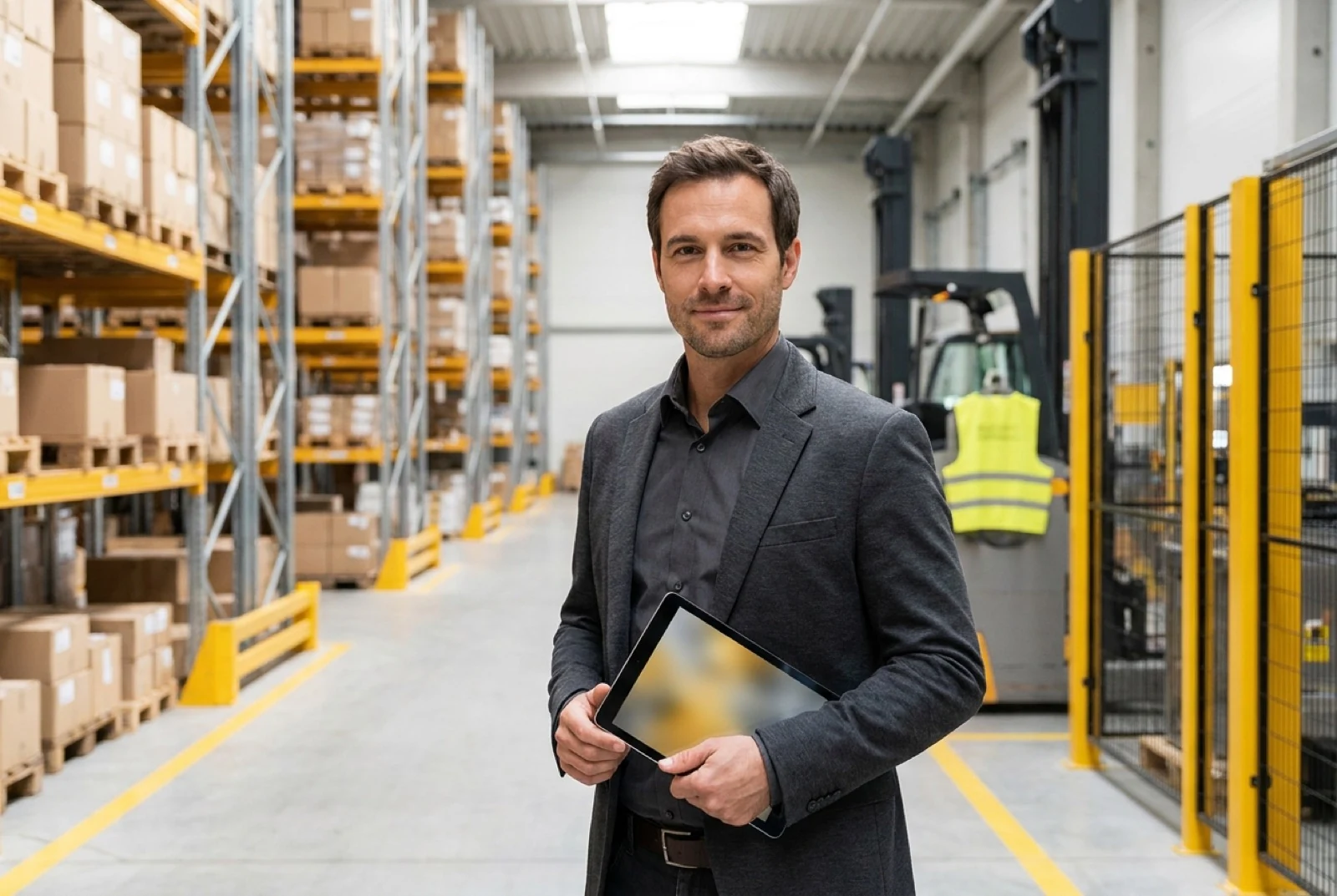 man in suite in a warehouse holding a tablet and smiling